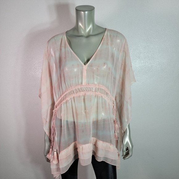 Lane Bryant Top Plus Size 14/16 V-Neck Ruffle Tassel Batwing Sleeve Sheer Pink - Picture 2 of 6